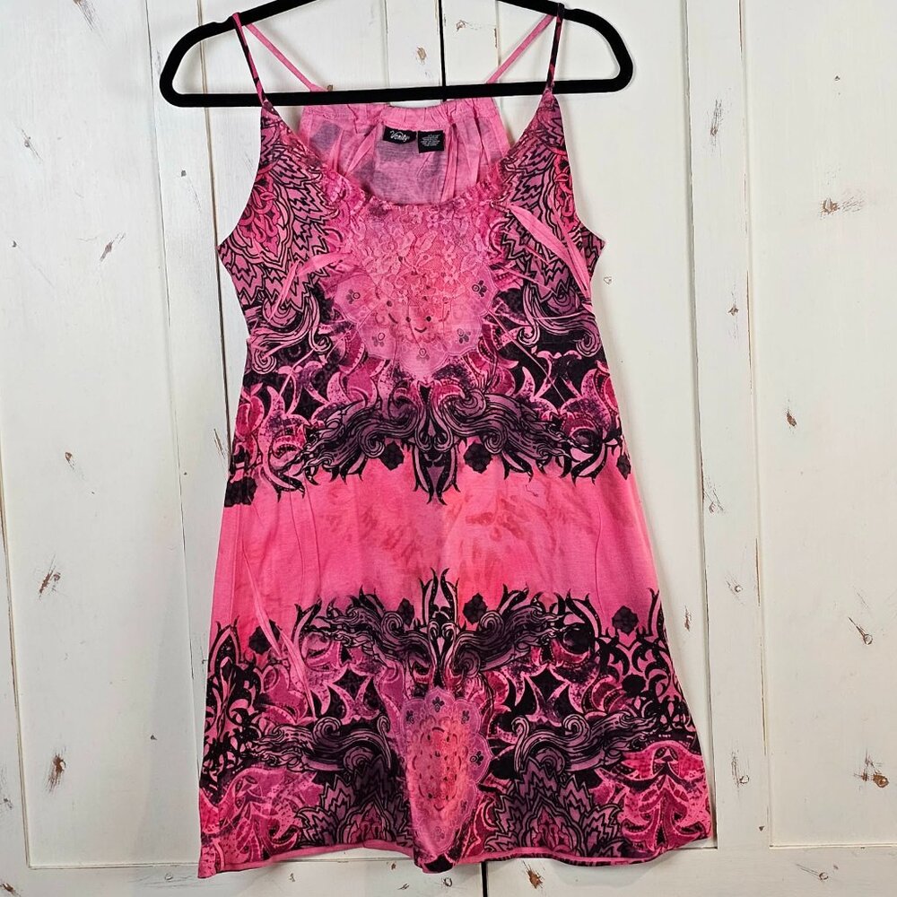 Vintage Y2K Vanity Pink Graphic Tank Dress Lace Detail Size M